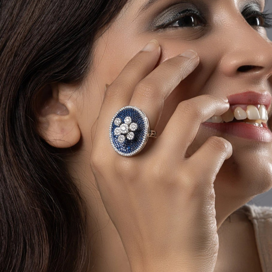 Sapphire Sparkle Statement Ring in Silver Finish