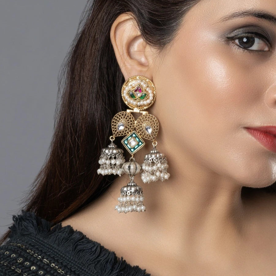 Meenakari Lotus & Kundan Triple Jhumka Earrings