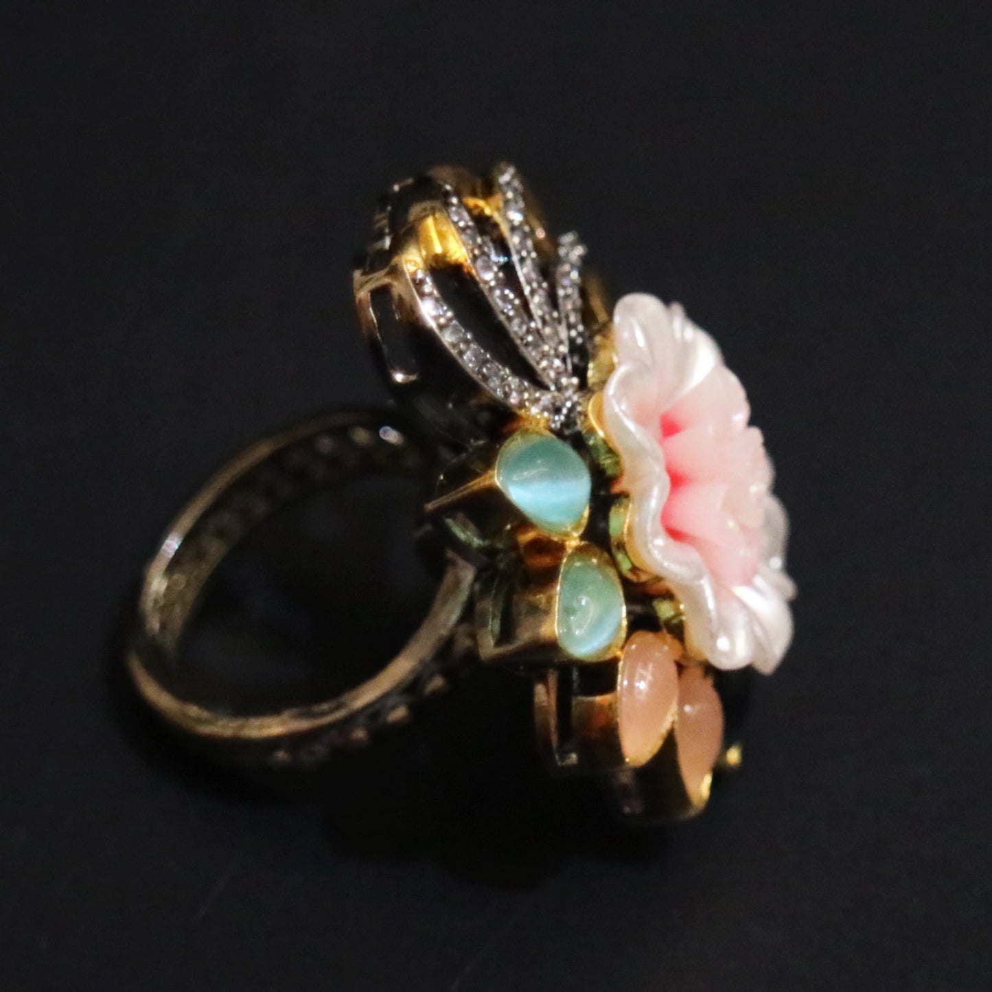 Carved Floral & Multi-Gemstone Cocktail Ring