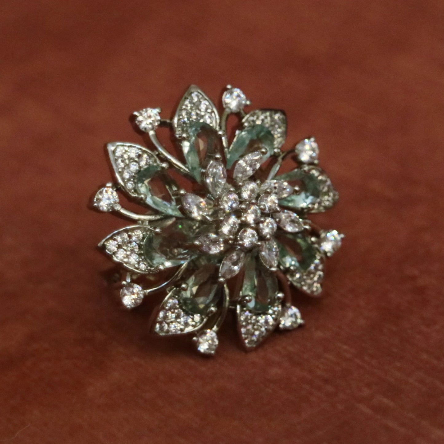 Mint Green & White Zircon Floral Cocktail Ring
