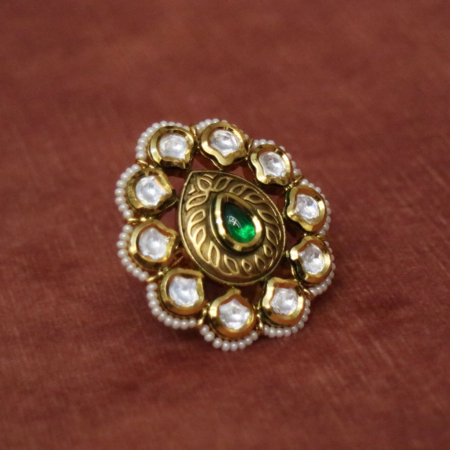 Jadau Round Ring with Green Floral Enamel