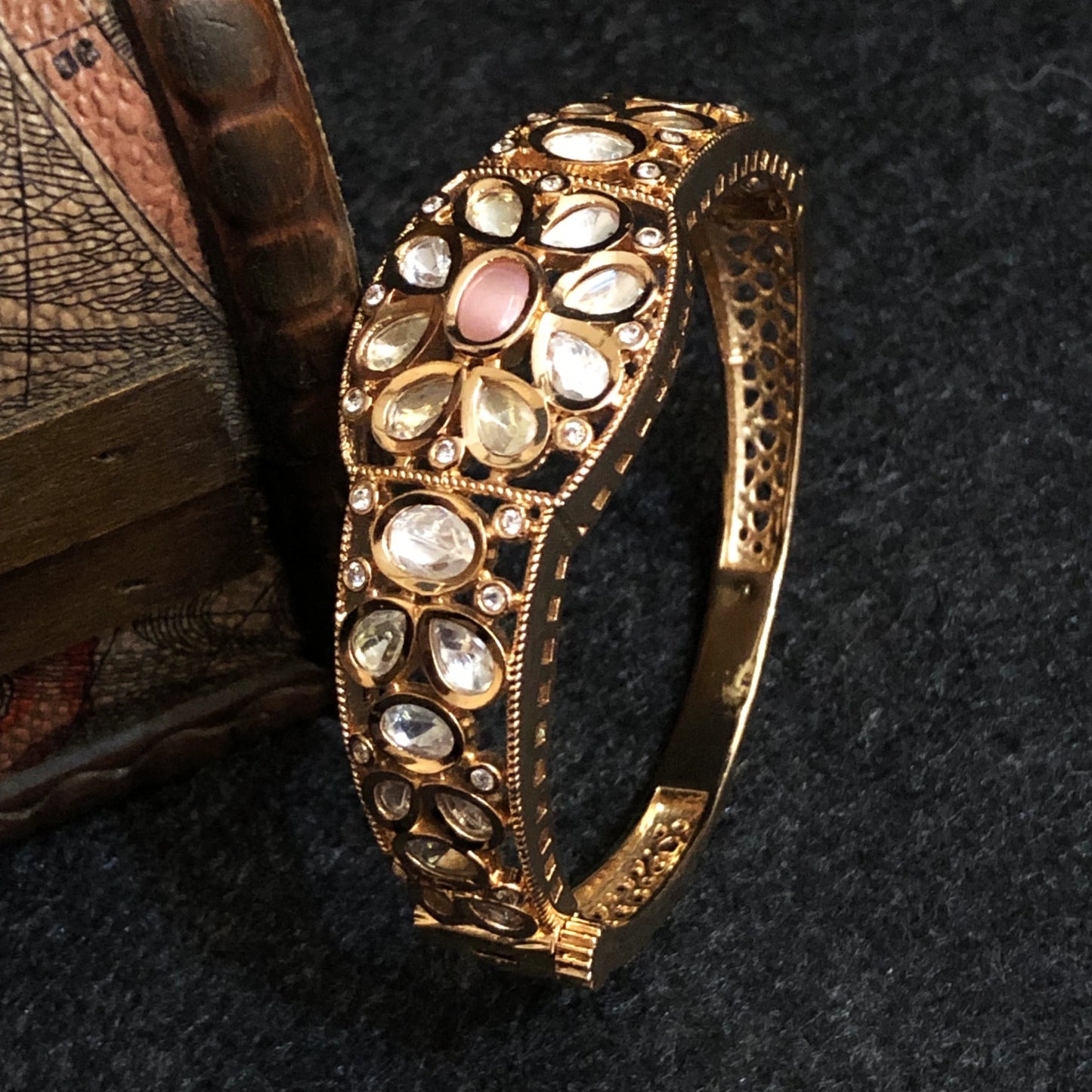 Gold Bangle with Floral Kundan Design