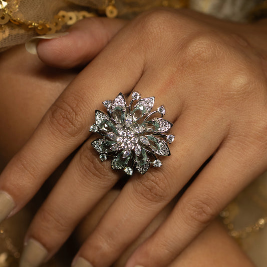 Mint Green & White Zircon Floral Cocktail Ring