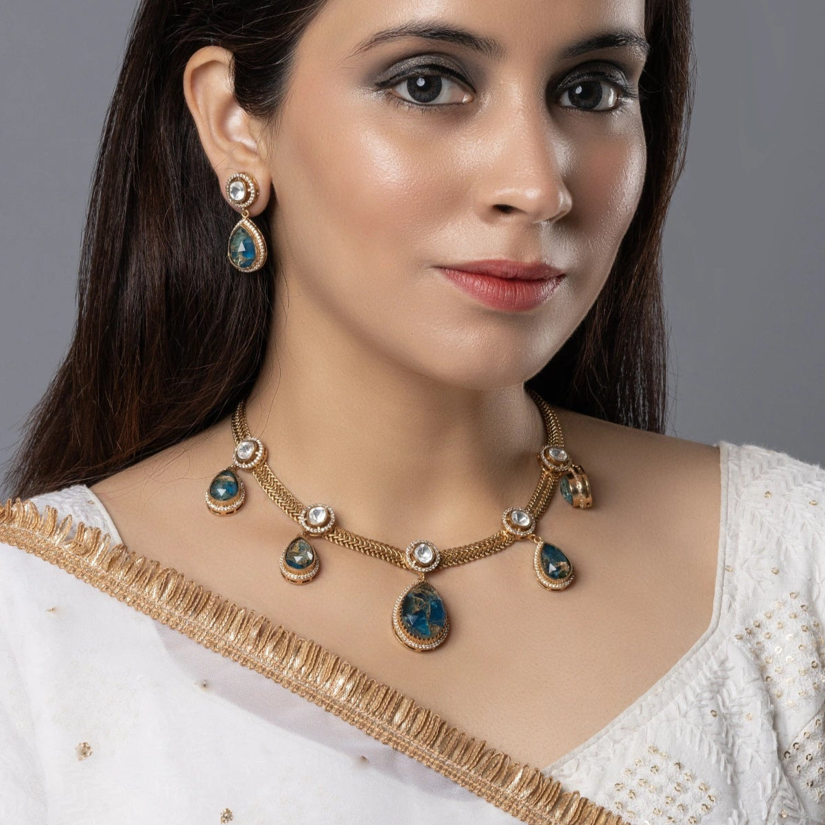 Antique Gold & Blue Stone Necklace Set