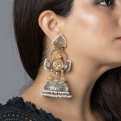 Dual-Tone Kundan & Pearl Jhumka Earrings