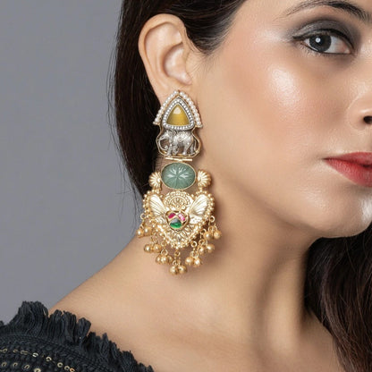 Elephant Motif Temple with Carved Gemstones Earrings