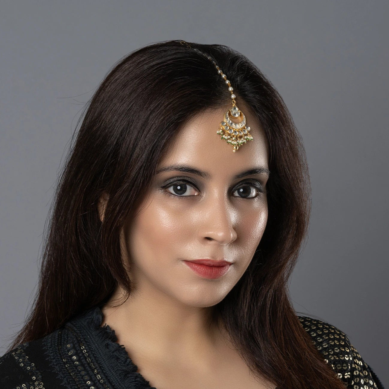 Gold Kundan Pearl & Green Beaded Maang Tikka