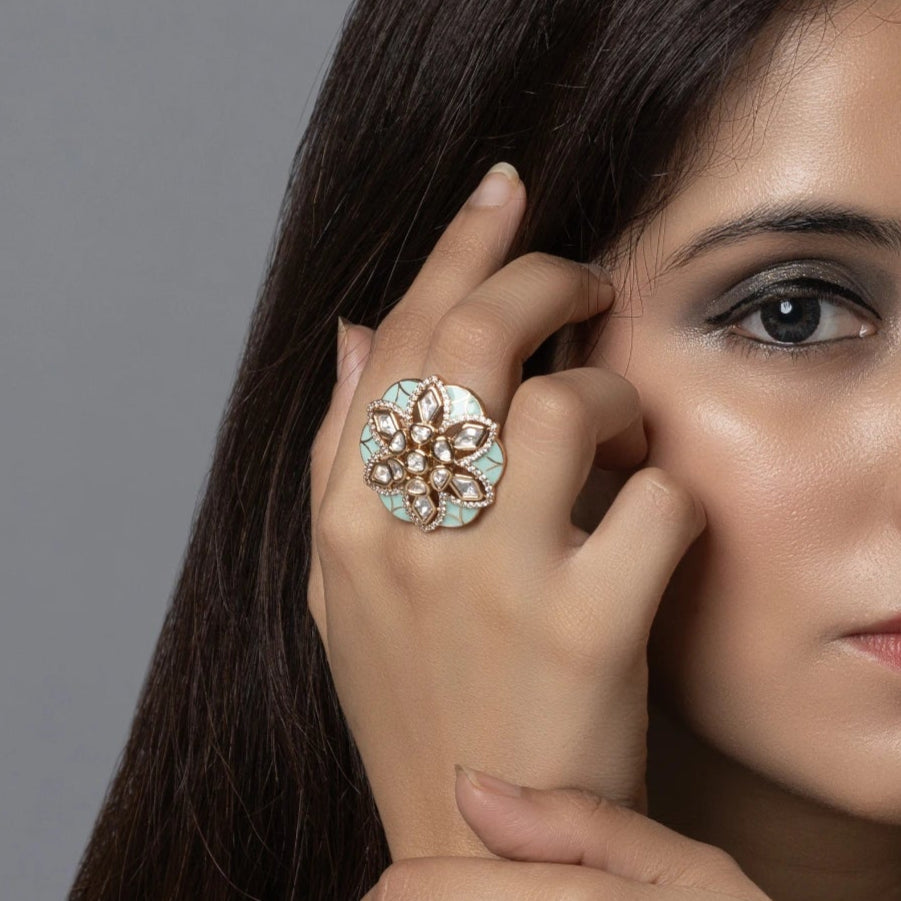 Mint Enamel Floral Kundan Ring