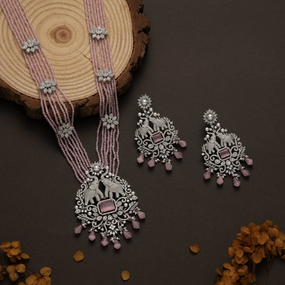 Royal Pink Beaded Elephant Motif Necklace Set