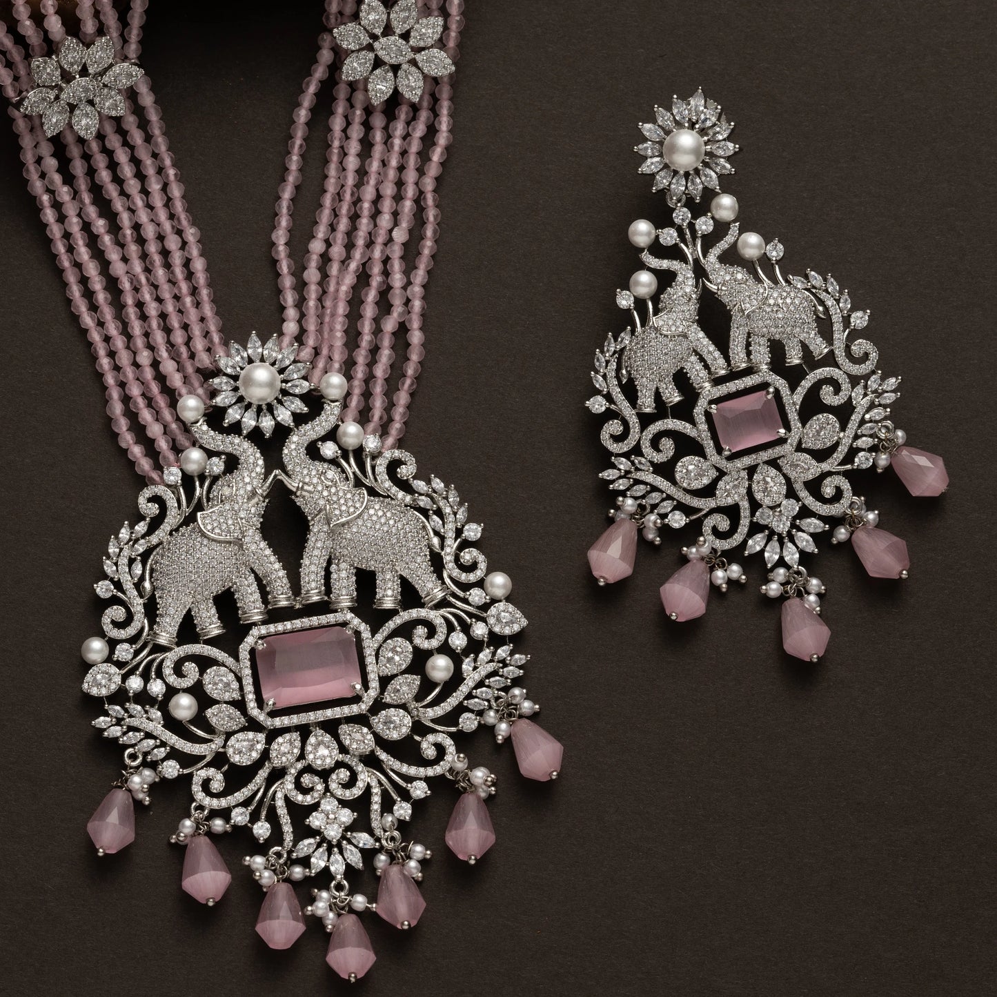 Royal Pink Beaded Elephant Motif Necklace Set
