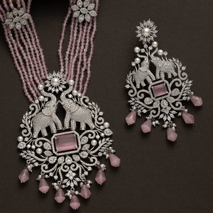 Royal Pink Beaded Elephant Motif Necklace Set