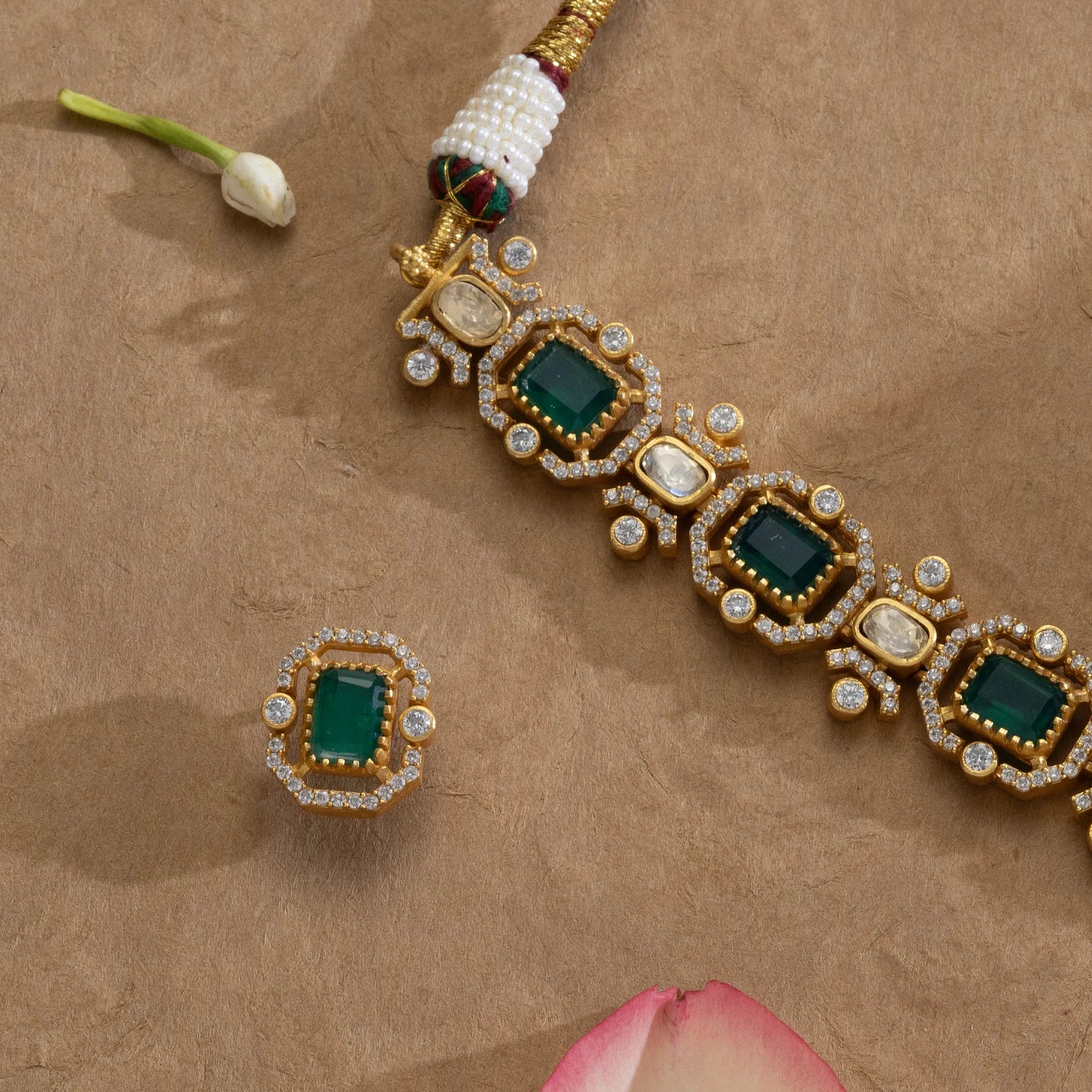 Royal Emerald & Pearl American Diamond Set