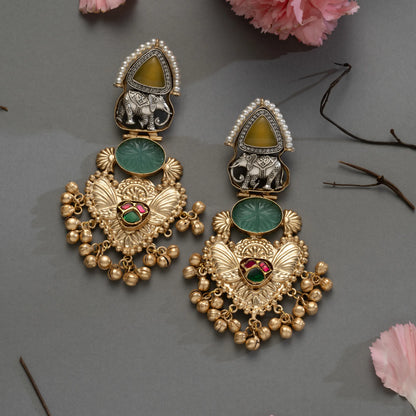 Elephant Motif Temple with Carved Gemstones Earrings