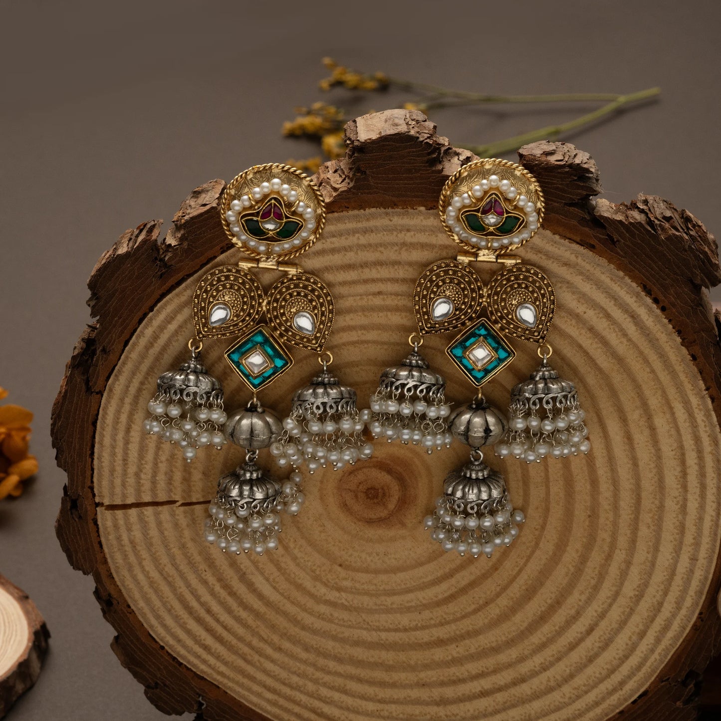 Meenakari Lotus & Kundan Triple Jhumka Earrings
