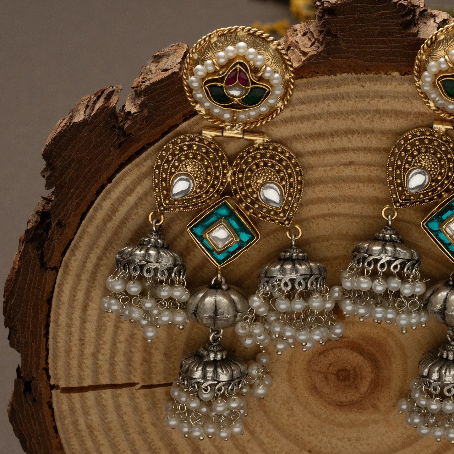 Meenakari Lotus & Kundan Triple Jhumka Earrings