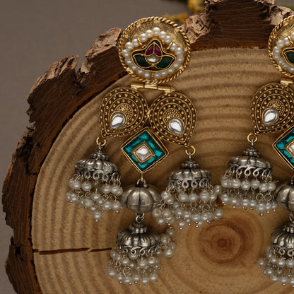 Meenakari Lotus & Kundan Triple Jhumka Earrings