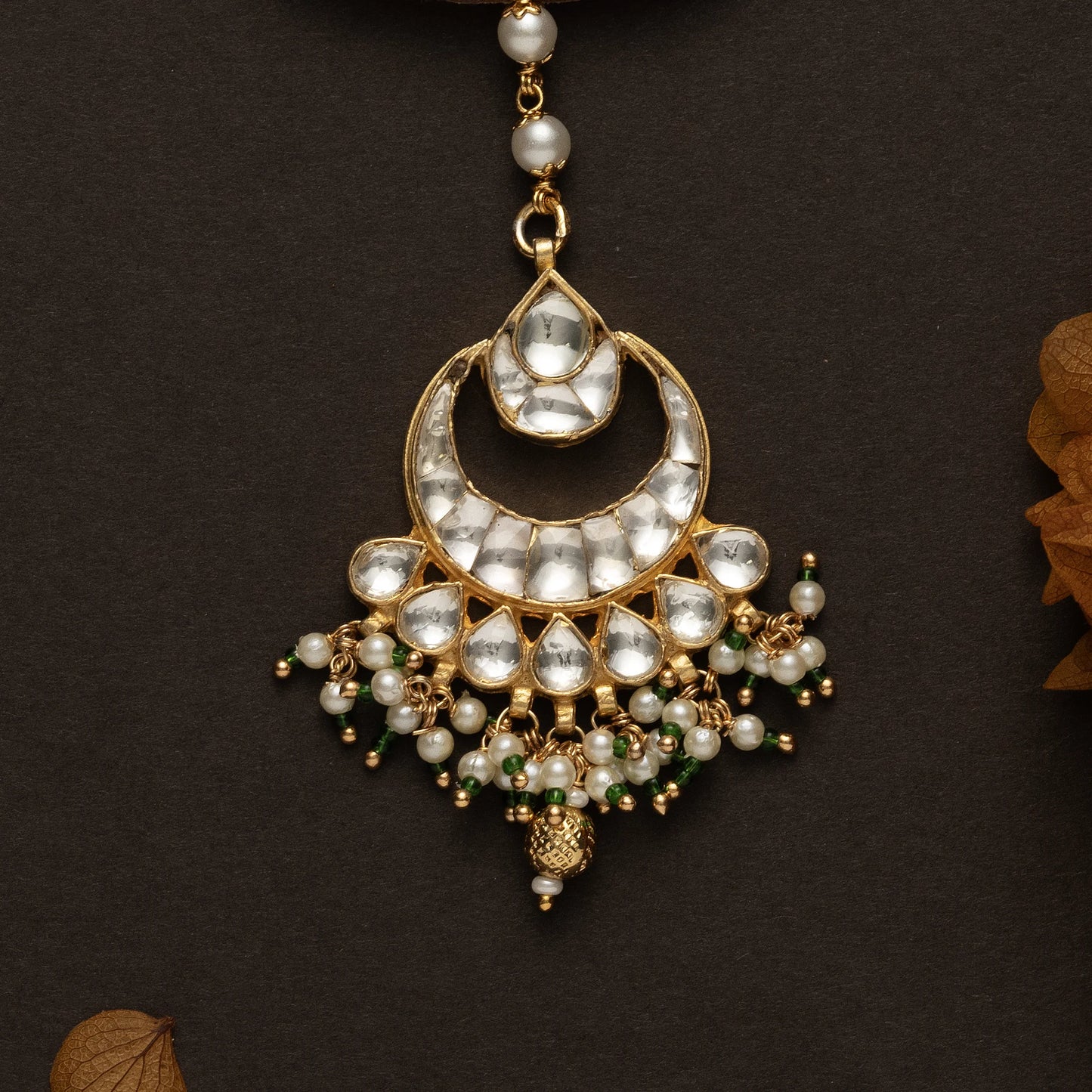 Gold Kundan Pearl & Green Beaded Maang Tikka