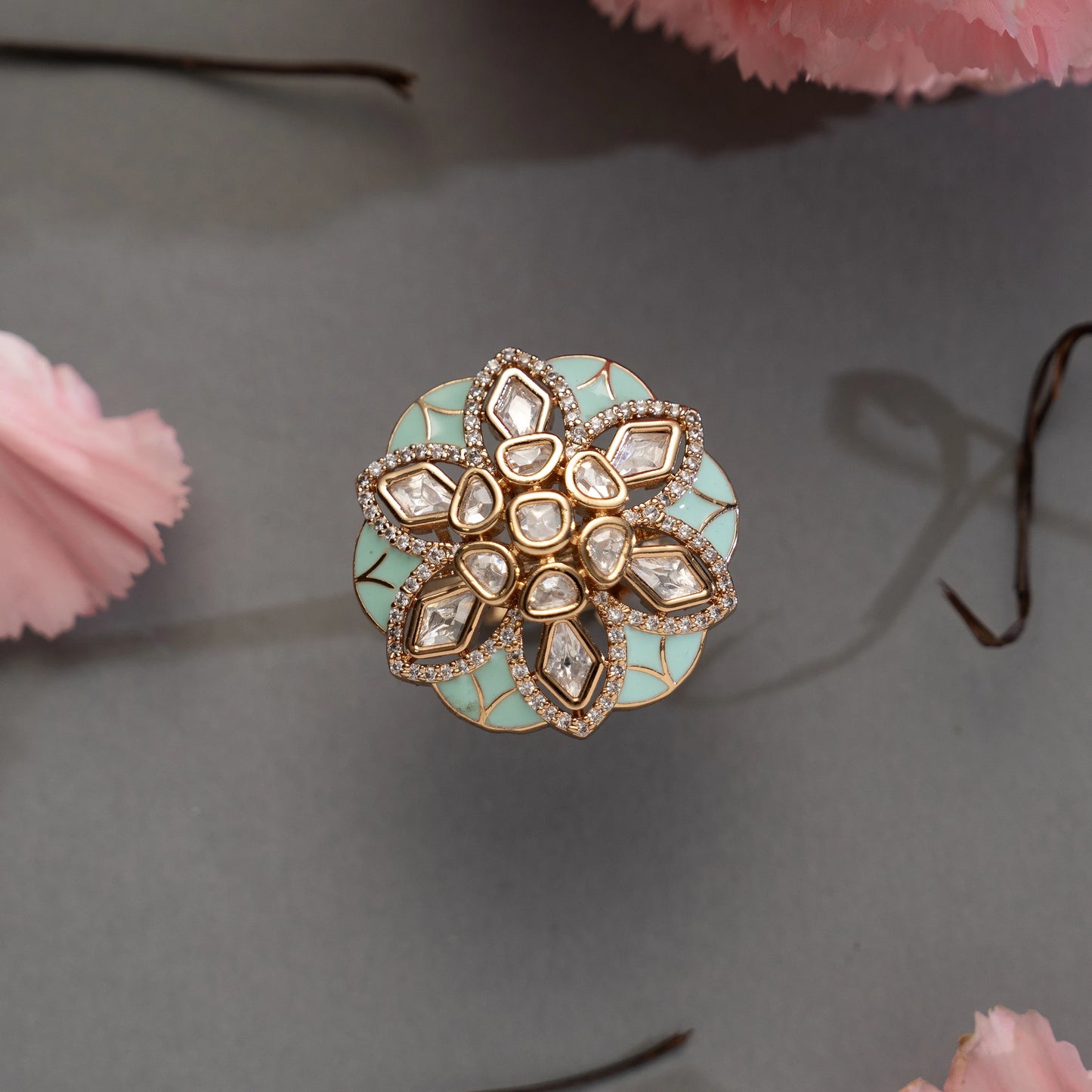 Mint Enamel Floral Kundan Ring