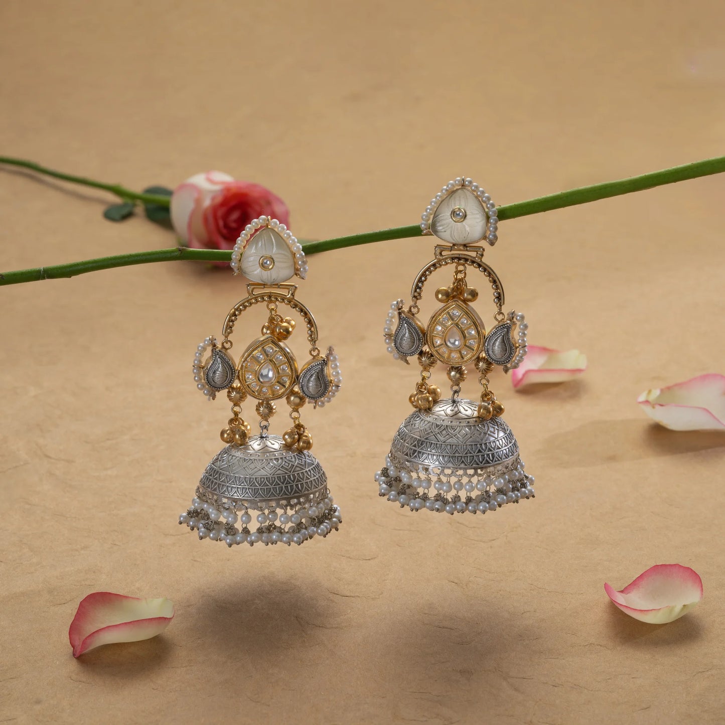 Dual-Tone Kundan & Pearl Jhumka Earrings