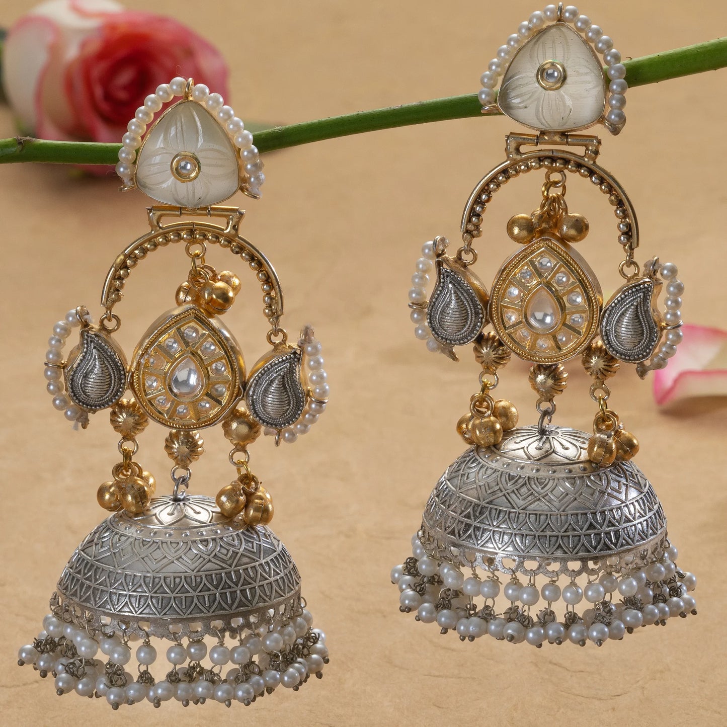 Dual-Tone Kundan & Pearl Jhumka Earrings