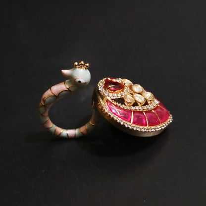 Regal Red Jadau Peacock Ring