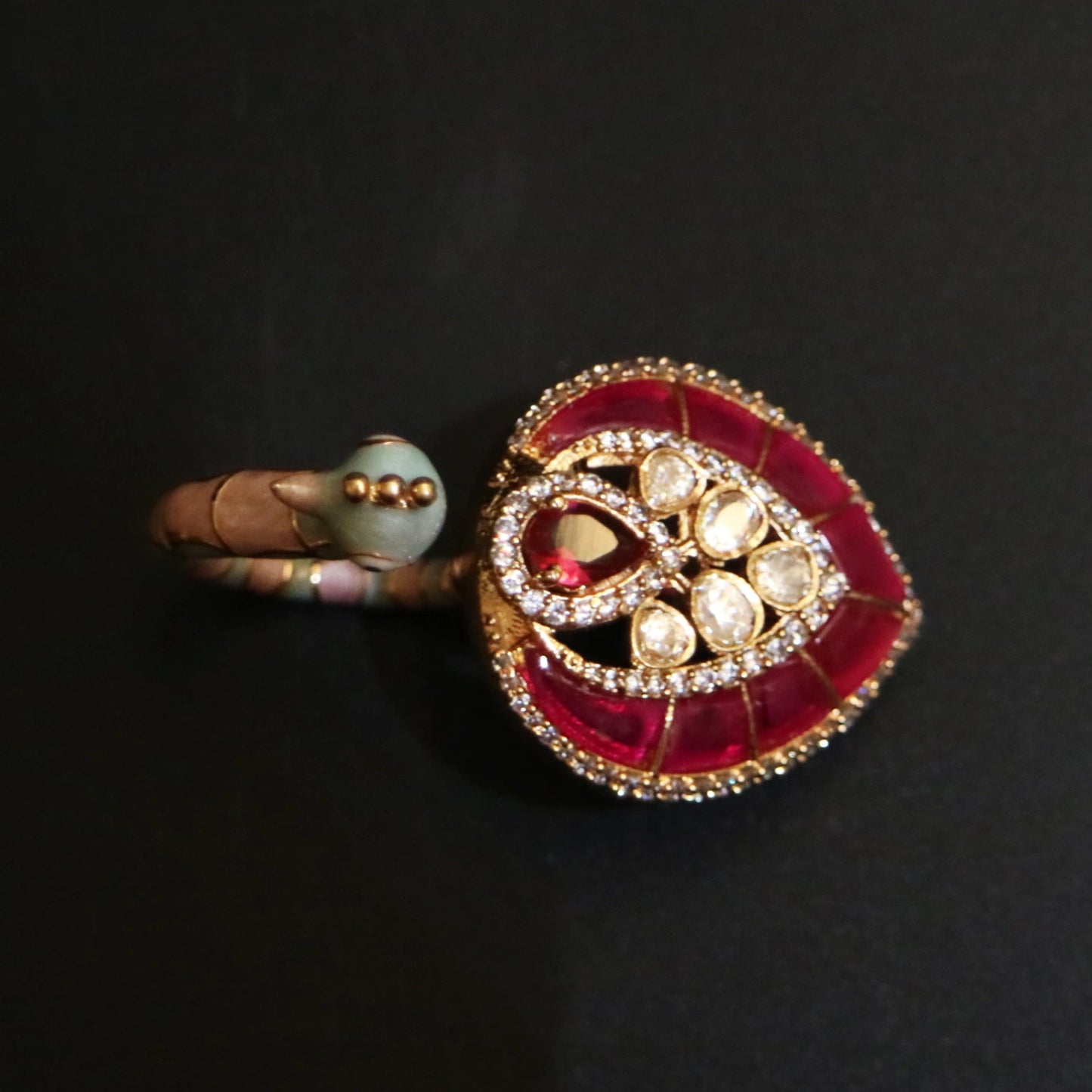 Regal Red Jadau Peacock Ring
