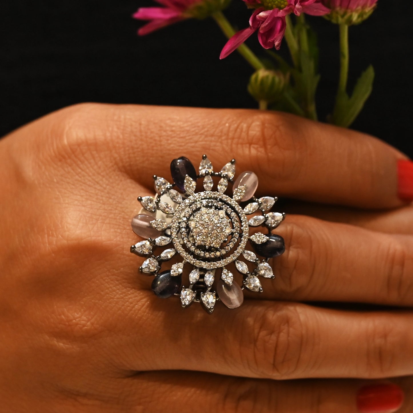 Lavender & White Zircon Floral Cocktail Ring