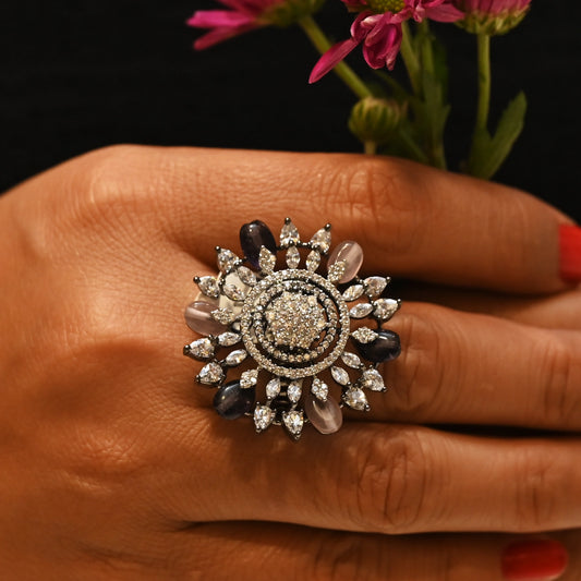 Lavender & White Zircon Floral Cocktail Ring