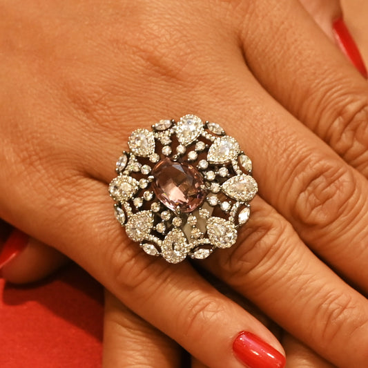 Rose Quartz & Zircon Cluster Cocktail Ring