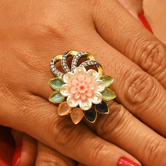 Carved Floral & Multi-Gemstone Cocktail Ring