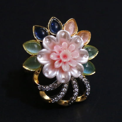 Carved Floral & Multi-Gemstone Cocktail Ring