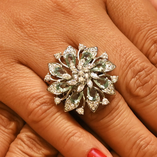 Mint Green & White Zircon Floral Cocktail Ring