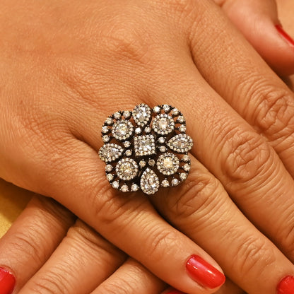 Vintage-Inspired Rhodium & Zircon Cluster Cocktail Ring