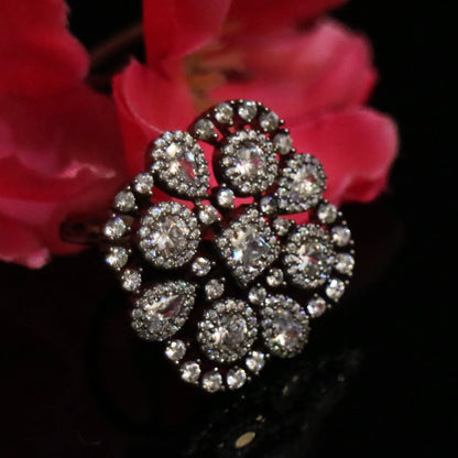 Vintage-Inspired Rhodium & Zircon Cluster Cocktail Ring