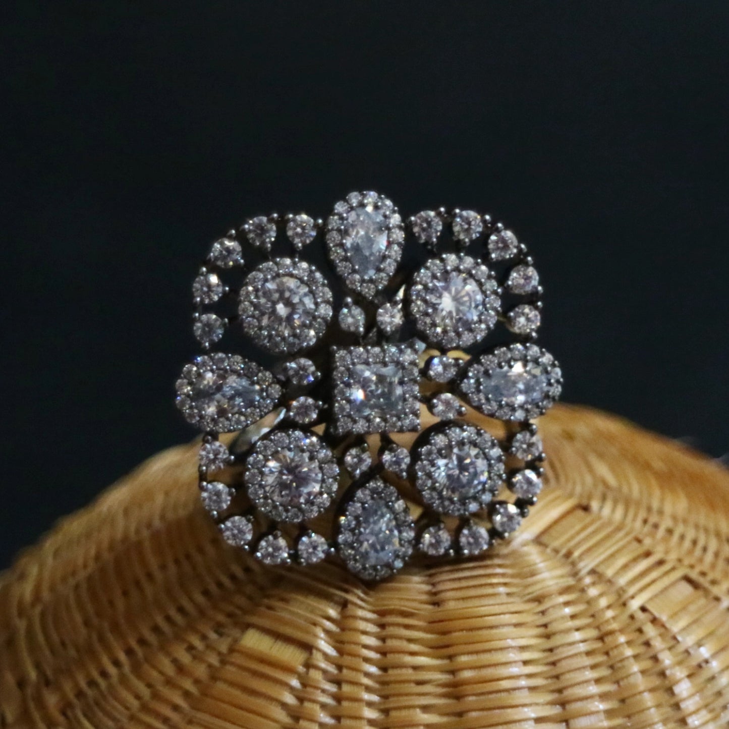 Vintage-Inspired Rhodium & Zircon Cluster Cocktail Ring