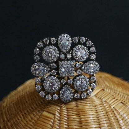 Vintage-Inspired Rhodium & Zircon Cluster Cocktail Ring