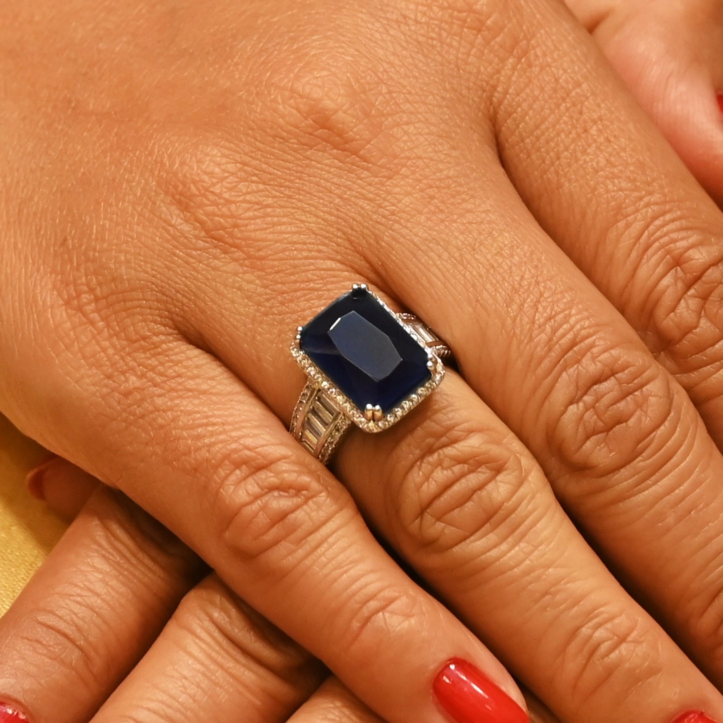 Regal Blue Emerald-Cut Halo Cocktail Ring