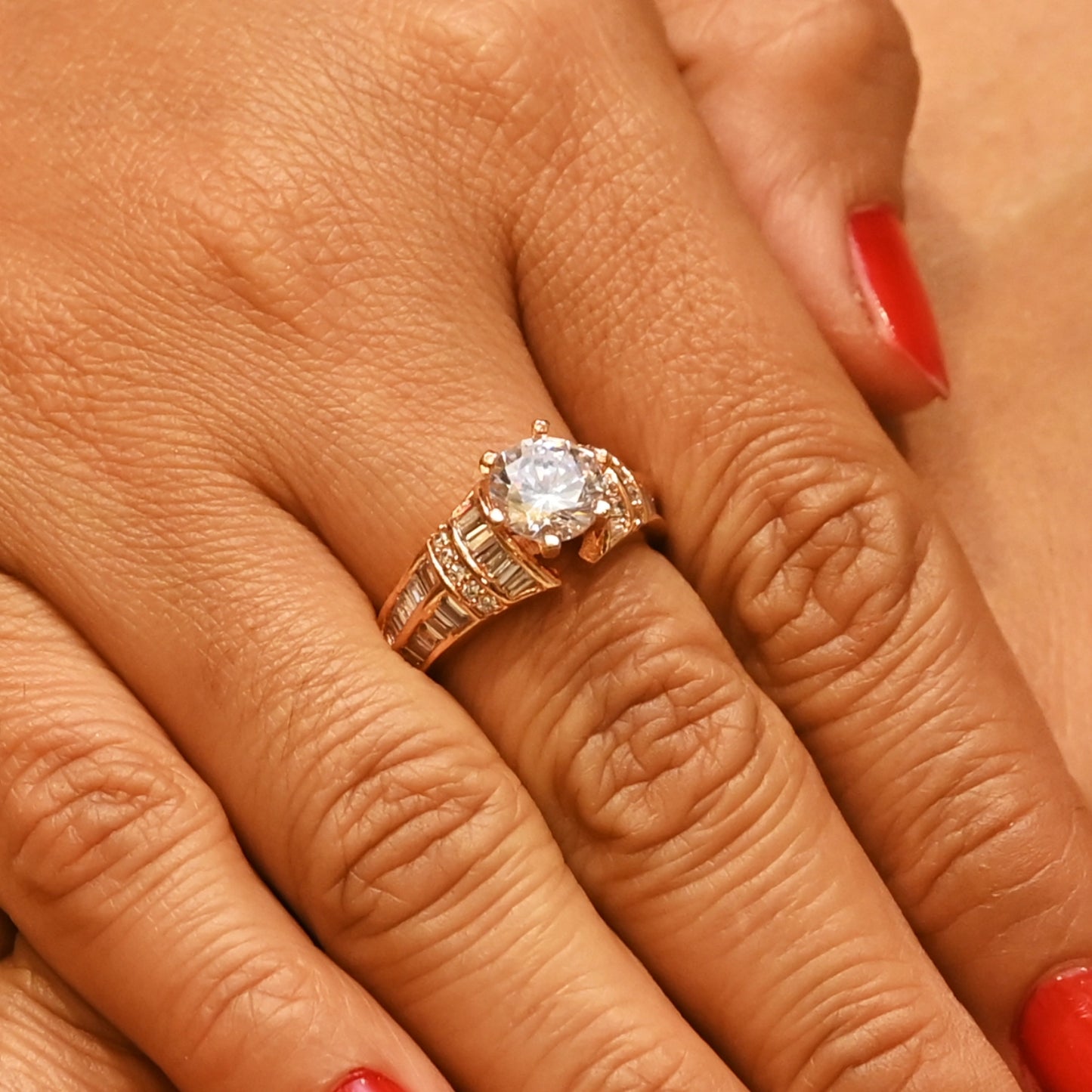 Rose Gold Tone Solitaire with Baguette Ring