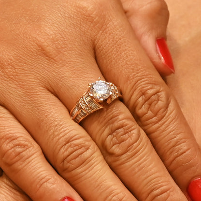 Rose Gold Tone Solitaire with Baguette Ring