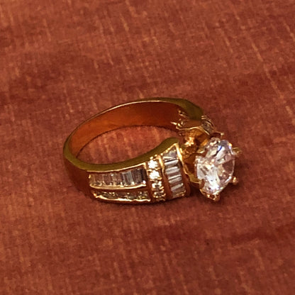 Rose Gold Tone Solitaire with Baguette Ring