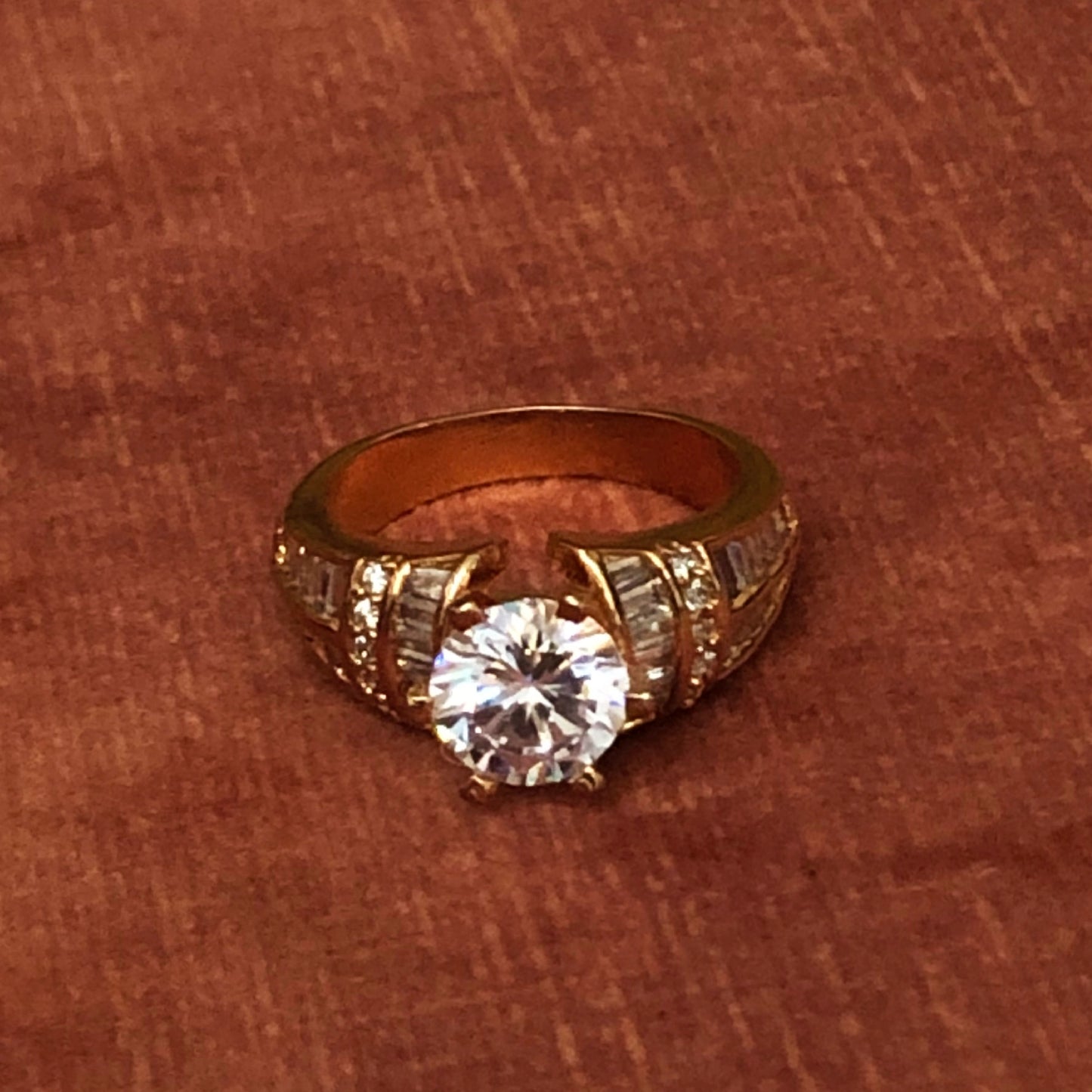 Rose Gold Tone Solitaire with Baguette Ring