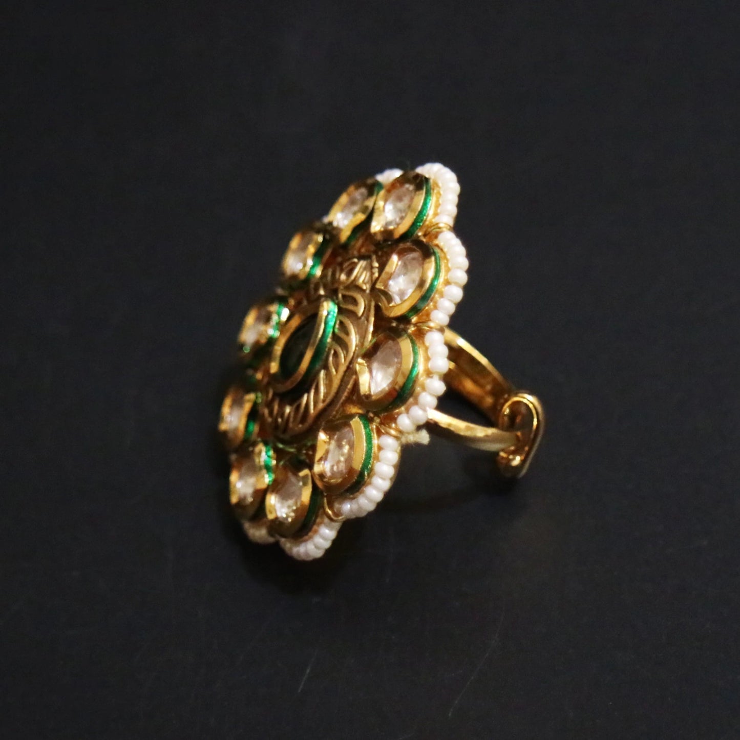 Jadau Round Ring with Green Floral Enamel