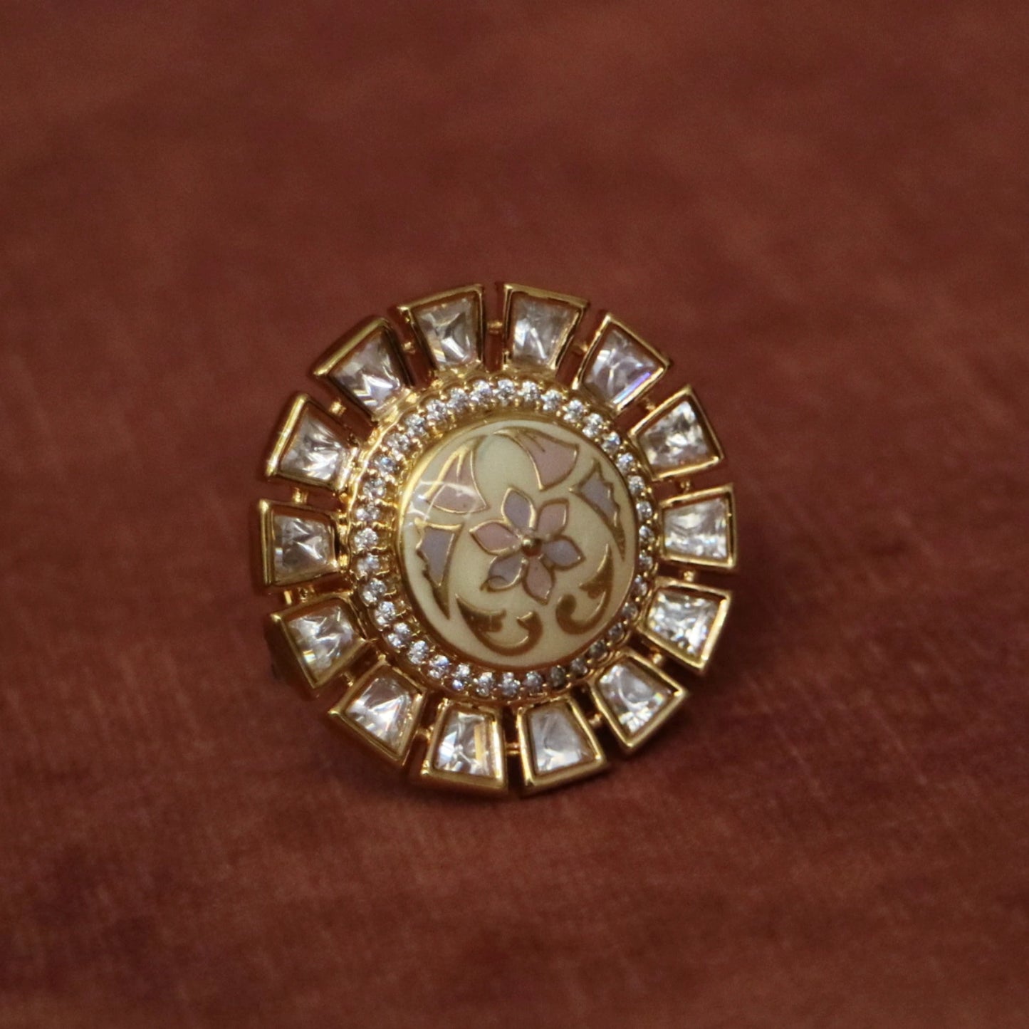 Floral Engraved Crystal Halo Ring