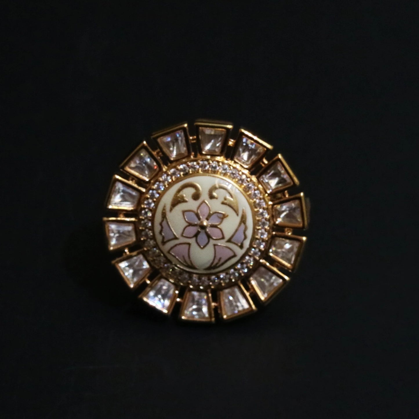 Floral Engraved Crystal Halo Ring