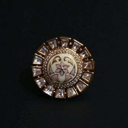 Floral Engraved Crystal Halo Ring